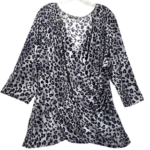 Lane Bryant Cheetah Print Wrap Top 26/28 Black White Drapey Blouse Whimsigoth - Picture 1 of 5